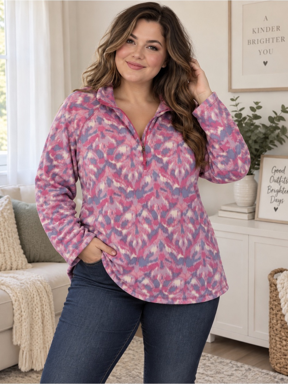 Eddie Bauer Pink & Purple Patterned Half-Zip Fleece Pullover